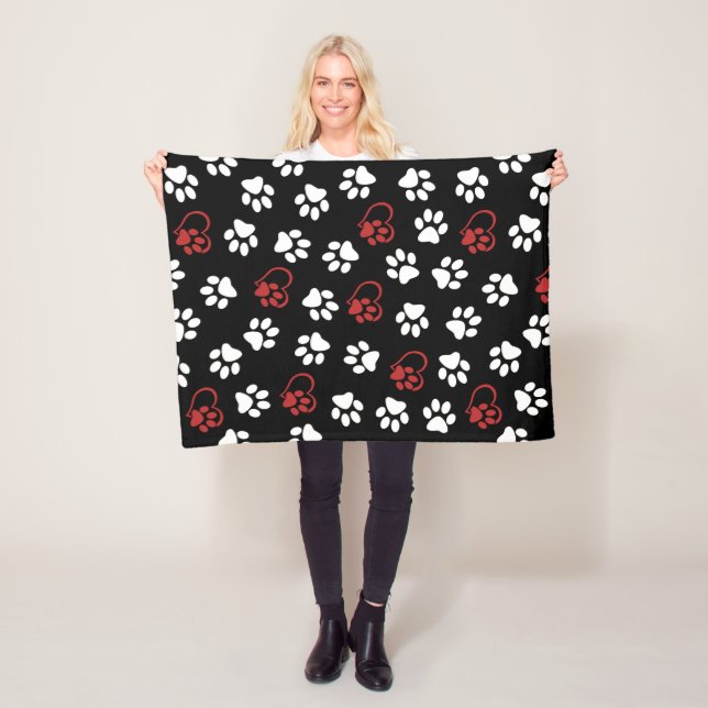 Pattern Of Paws, White Paws, Red Paws, Hearts Fleece Blanket (In Situ)