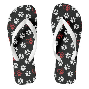 Pattern Of Paws, White Paws, Red Paws, Hearts Flip Flops