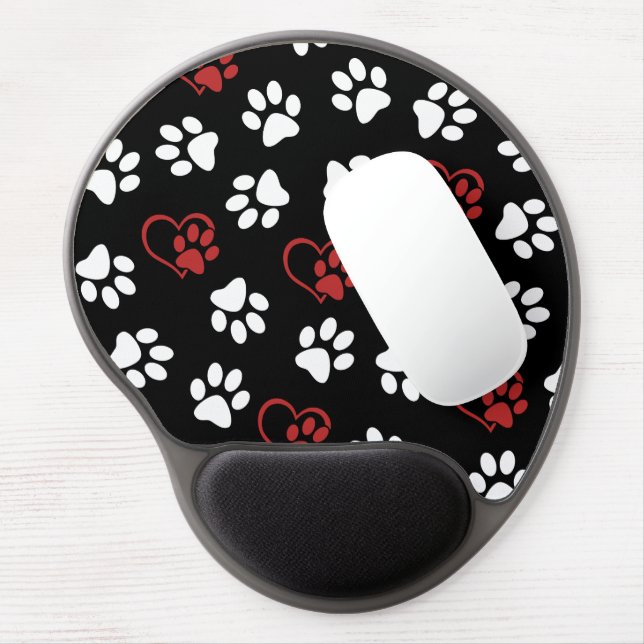 Pattern Of Paws, White Paws, Red Paws, Hearts Gel Mouse Pad (Left Side)
