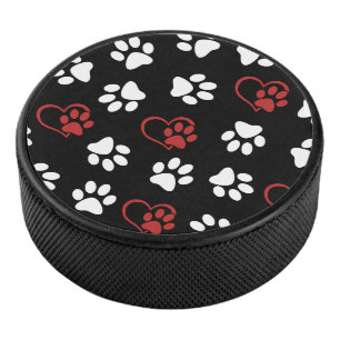 Pattern Of Paws, White Paws, Red Paws, Hearts Hockey Puck