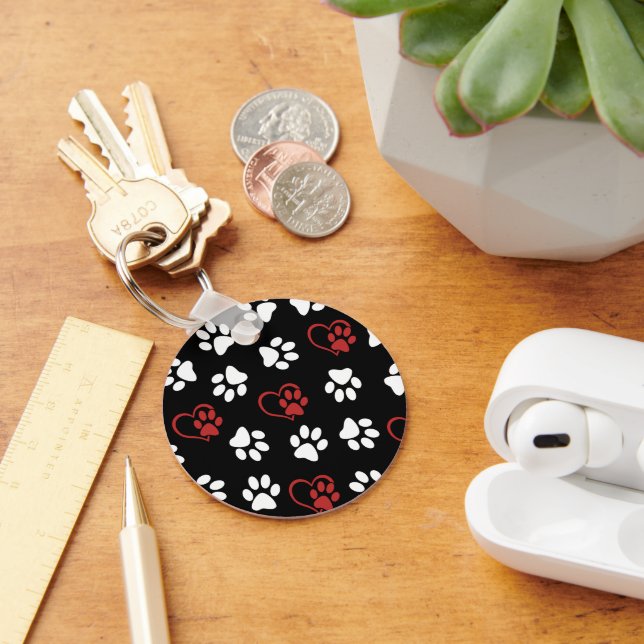 Pattern Of Paws, White Paws, Red Paws, Hearts Keychain (Desk)