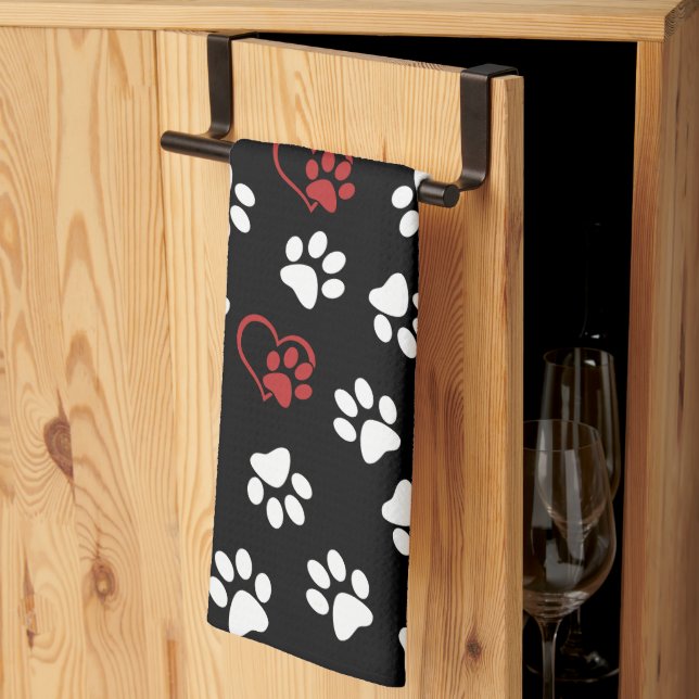 Pattern Of Paws, White Paws, Red Paws, Hearts Kitchen Towel (Thirds Fold)