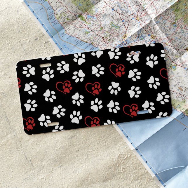 Pattern Of Paws, White Paws, Red Paws, Hearts License Plate (In Situ)