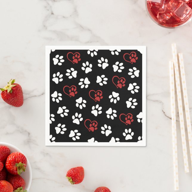 Pattern Of Paws, White Paws, Red Paws, Hearts Napkins (Insitu)