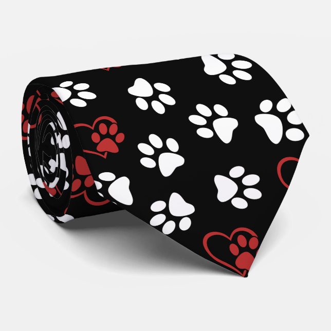 Pattern Of Paws, White Paws, Red Paws, Hearts Neck Tie (Rolled)