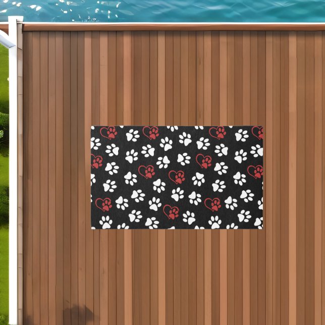 Pattern Of Paws, White Paws, Red Paws, Hearts Outdoor Rug (Insitu (Outdoor 1))