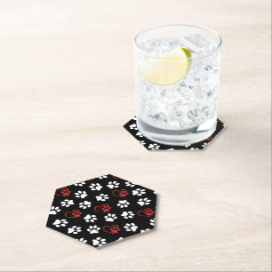 Pattern Of Paws, White Paws, Red Paws, Hearts Paper Coaster