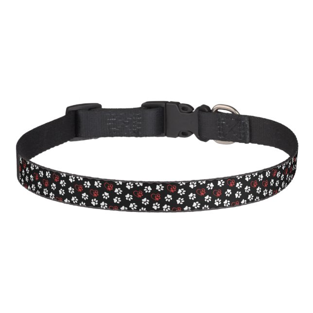 Pattern Of Paws, White Paws, Red Paws, Hearts Pet Collar (Front)