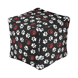 Pattern Of Paws, White Paws, Red Paws, Hearts Pouf