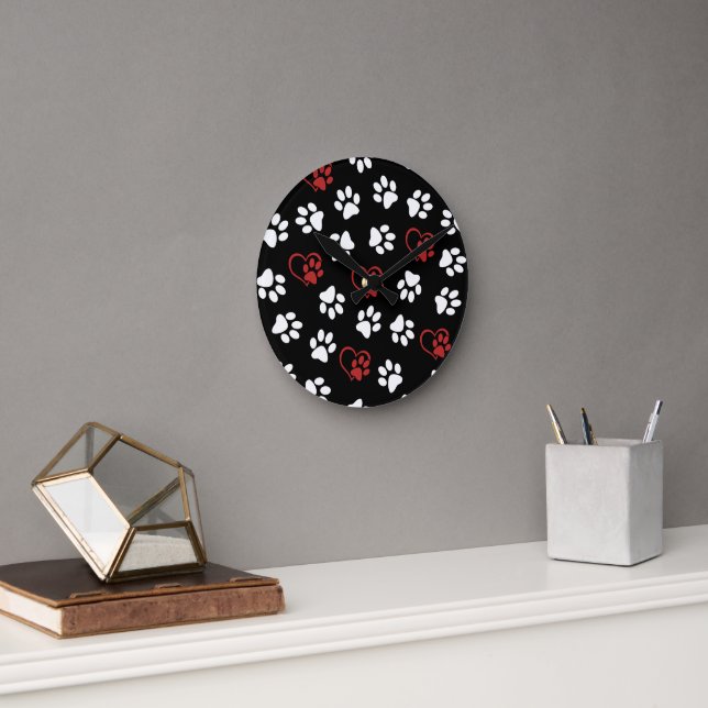 Pattern Of Paws, White Paws, Red Paws, Hearts Round Clock (Office)