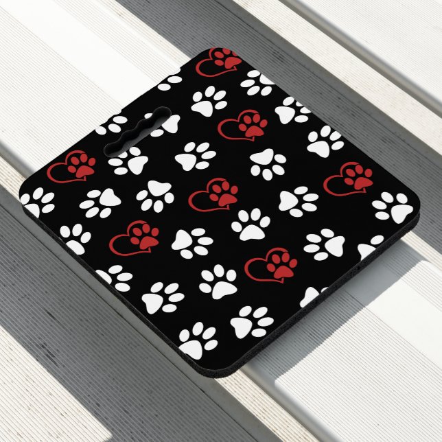 Pattern Of Paws, White Paws, Red Paws, Hearts Seat Cushion (In Situ)