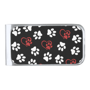 Pattern Of Paws, White Paws, Red Paws, Hearts Silver Finish Money Clip