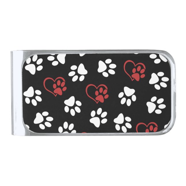 Pattern Of Paws, White Paws, Red Paws, Hearts Silver Finish Money Clip (Front)