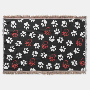 Pattern Of Paws, White Paws, Red Paws, Hearts Throw Blanket