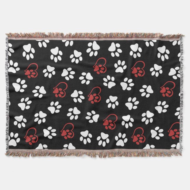 Pattern Of Paws, White Paws, Red Paws, Hearts Throw Blanket (Front)