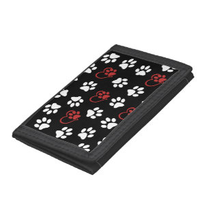 Pattern Of Paws, White Paws, Red Paws, Hearts Trifold Wallet