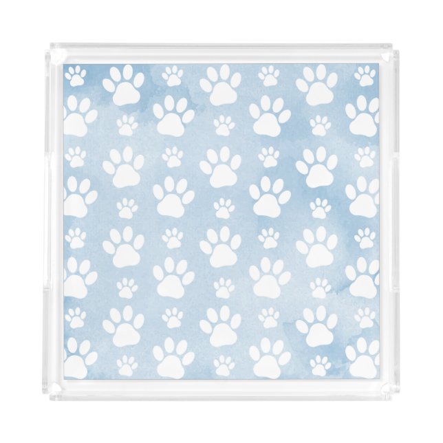 Pattern Of Paws, White Paws, Watercolors, Blue Acrylic Tray (Front)