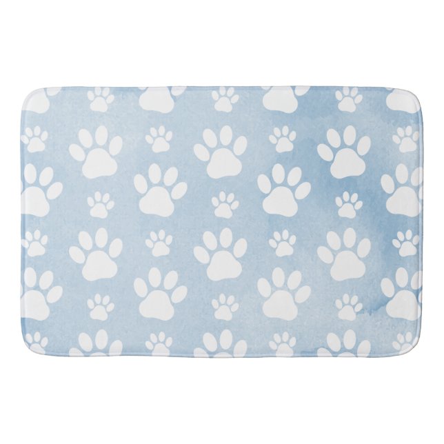 Pattern Of Paws, White Paws, Watercolors, Blue Bath Mat (Front)