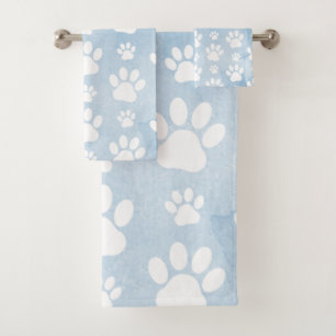 Pattern Of Paws, White Paws, Watercolors, Blue Bath Towel Set