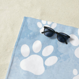 Pattern Of Paws, White Paws, Watercolors, Blue Beach Towel