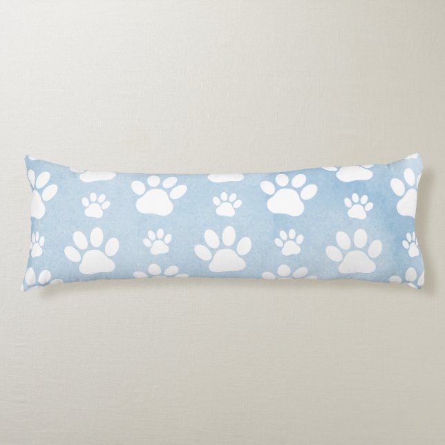 Pattern Of Paws, White Paws, Watercolors, Blue Body Pillow (Front)