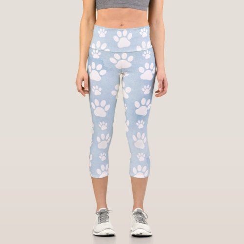 Pattern Of Paws White Paws Watercolors Blue Capri Leggings