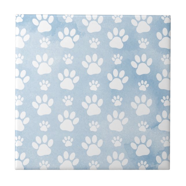Pattern Of Paws, White Paws, Watercolors, Blue Ceramic Tile (Front)