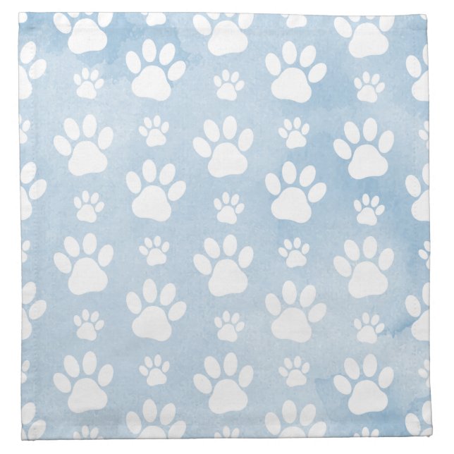 Pattern Of Paws, White Paws, Watercolors, Blue Cloth Napkin (Front)