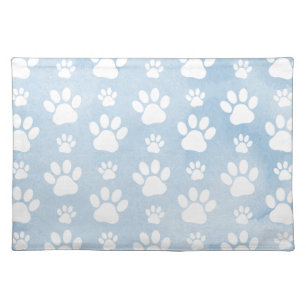 Pattern Of Paws, White Paws, Watercolors, Blue Cloth Placemat