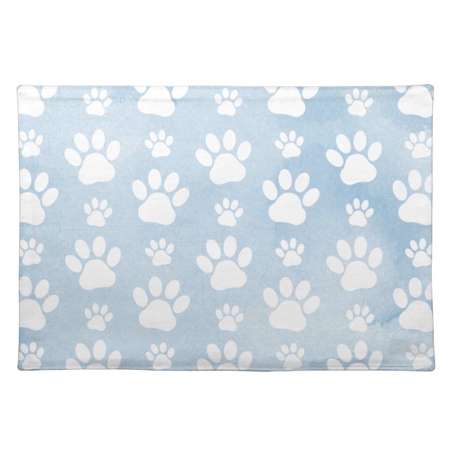 Pattern Of Paws, White Paws, Watercolors, Blue Cloth Placemat (Front)