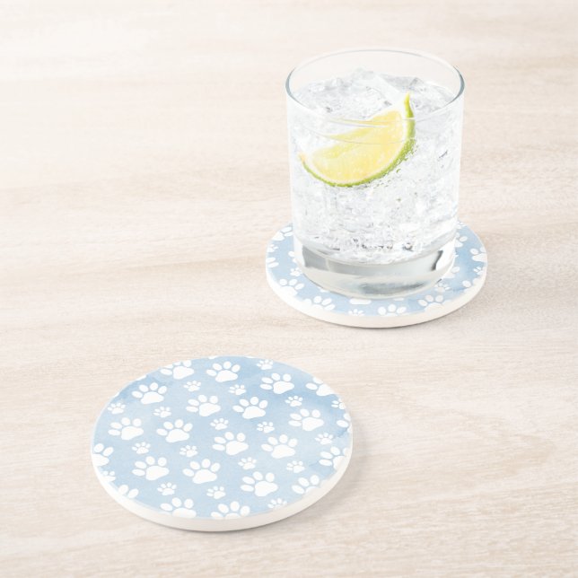 Pattern Of Paws, White Paws, Watercolors, Blue Coaster (Side)