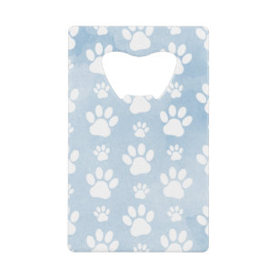 Pattern Of Paws, White Paws, Watercolors, Blue Credit Card Bottle Opener