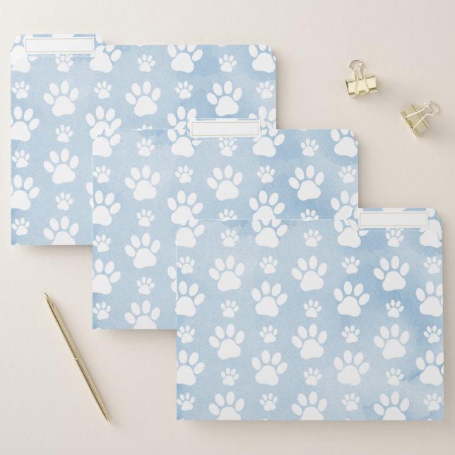 Pattern Of Paws, White Paws, Watercolors, Blue File Folder (Set)