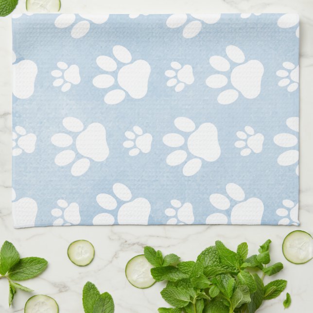 Pattern Of Paws, White Paws, Watercolors, Blue Kitchen Towel (Folded)