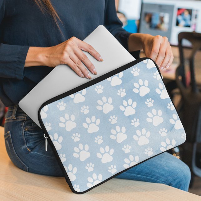 Pattern Of Paws, White Paws, Watercolors, Blue Laptop Sleeve (Creator Uploaded)