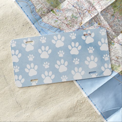 Pattern Of Paws White Paws Watercolors Blue License Plate