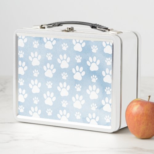 Pattern Of Paws White Paws Watercolors Blue Metal Lunch Box