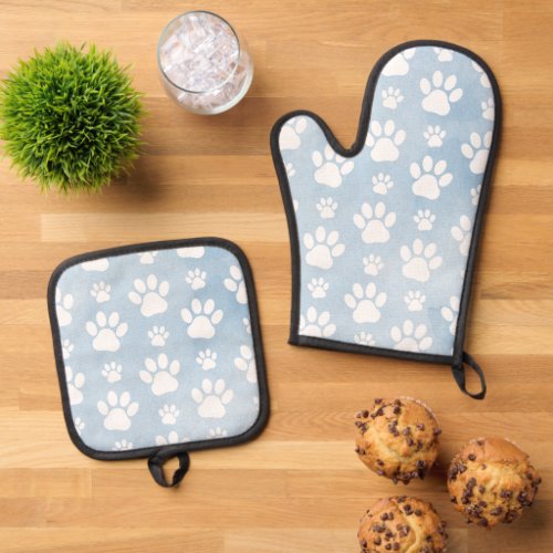Pattern Of Paws White Paws Watercolors Blue Oven Mitt  Pot Holder Set