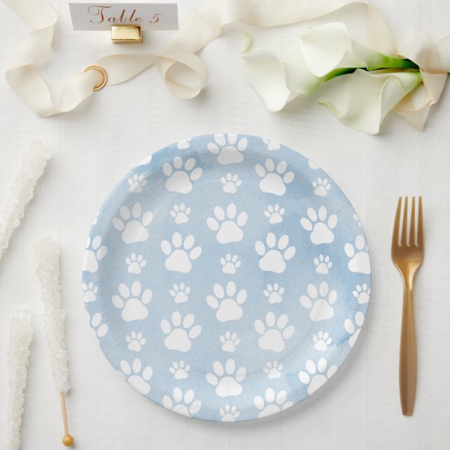 Pattern Of Paws, White Paws, Watercolors, Blue Paper Plates (Wedding)