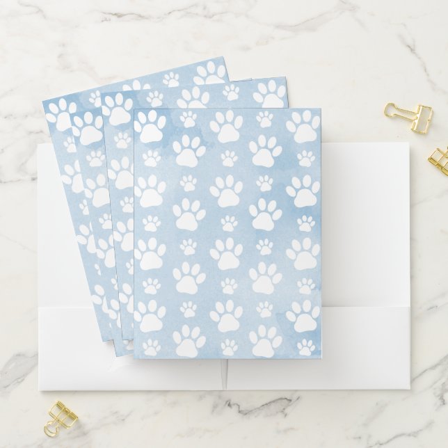 Pattern Of Paws, White Paws, Watercolors, Blue Pocket Folder (In Situ)