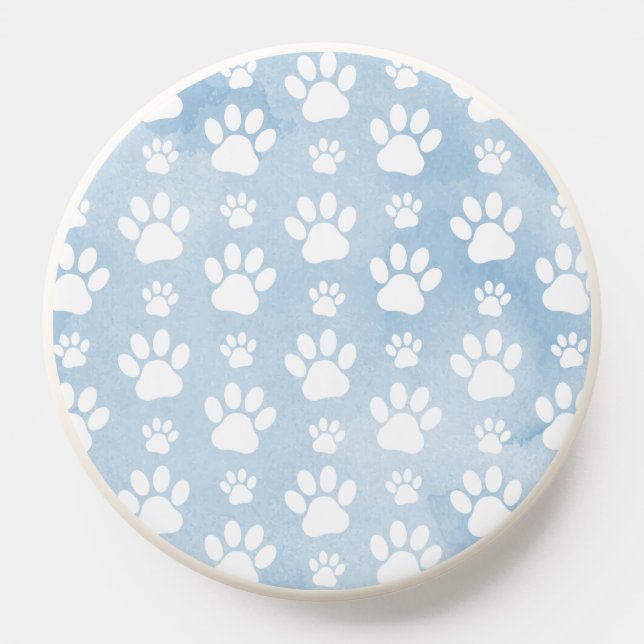 Pattern Of Paws, White Paws, Watercolors, Blue PopSocket (Popsocket)