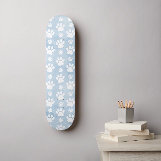 Pattern Of Paws, White Paws, Watercolors, Blue Skateboard (Wall Art)