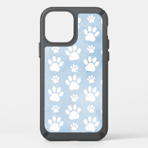 Pattern Of Paws White Paws Watercolors Blue Speck iPhone 12 Case