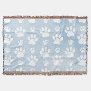 Pattern Of Paws, White Paws, Watercolors, Blue Throw Blanket