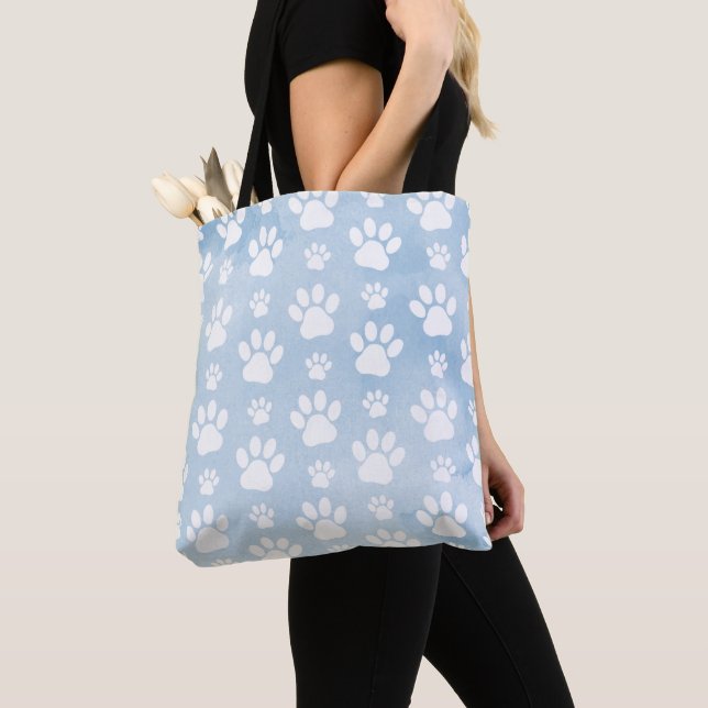 Pattern Of Paws, White Paws, Watercolors, Blue Tote Bag (Close Up)