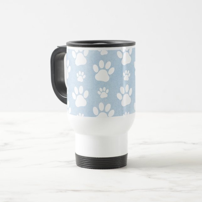Pattern Of Paws, White Paws, Watercolors, Blue Travel Mug (Front Left)