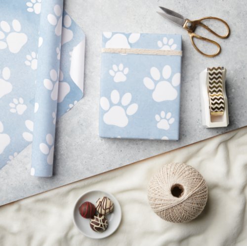 Pattern Of Paws White Paws Watercolors Blue Wrapping Paper