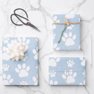 Pattern Of Paws, White Paws, Watercolors, Blue Wrapping Paper Sheets