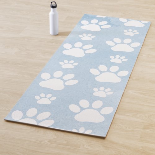 Pattern Of Paws White Paws Watercolors Blue Yoga Mat