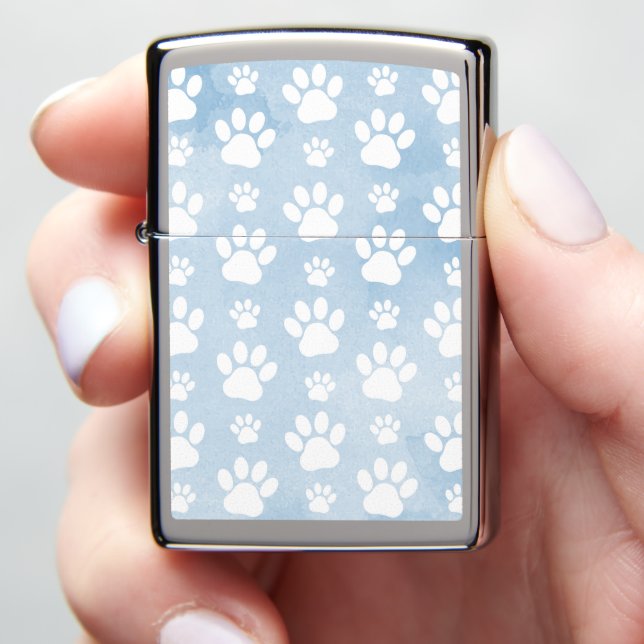 Pattern Of Paws, White Paws, Watercolors, Blue Zippo Lighter (In Hand)